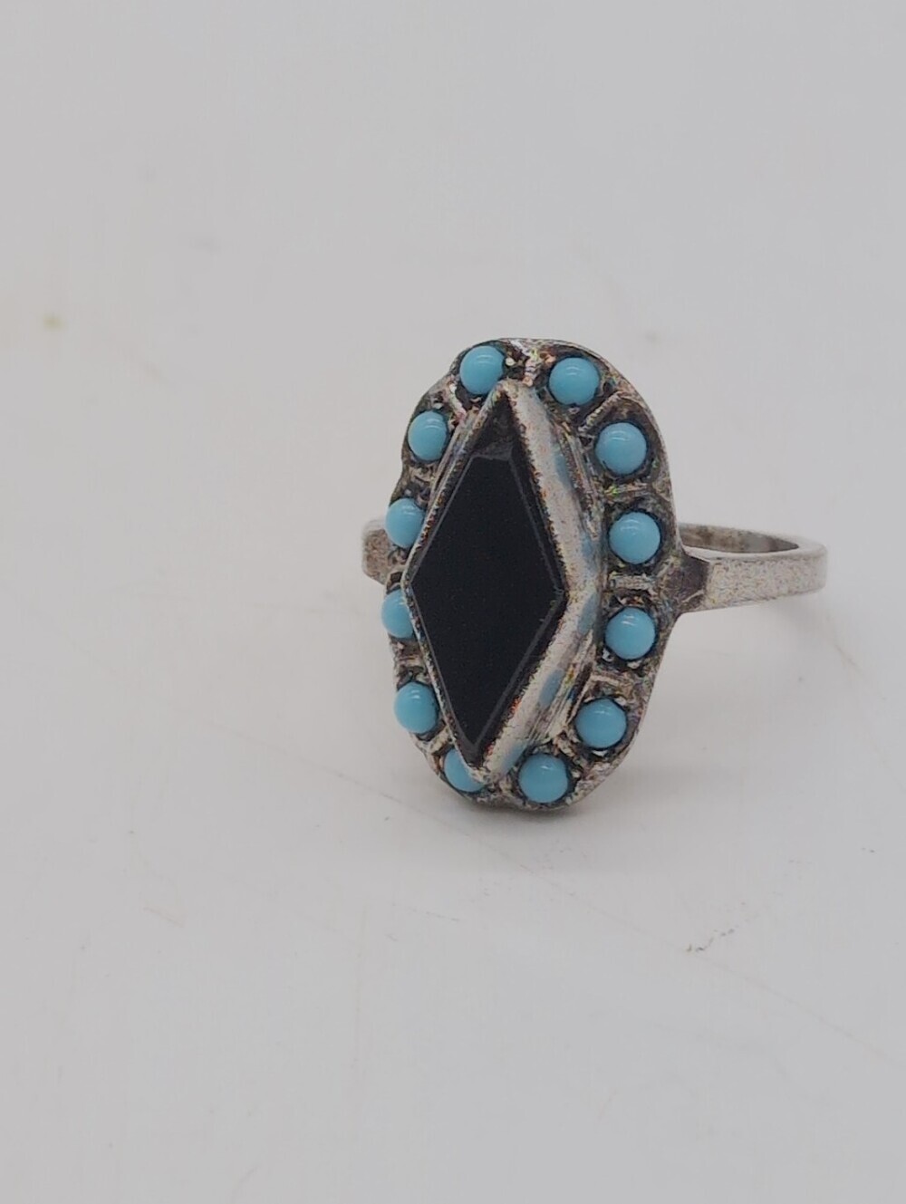 Vintage Costume Sterling-style Black Onyx and Turquoise Halo Ring Sz 7.25
